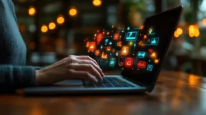 woman s hands typing laptop data flows cafe background digital marketing 358668739